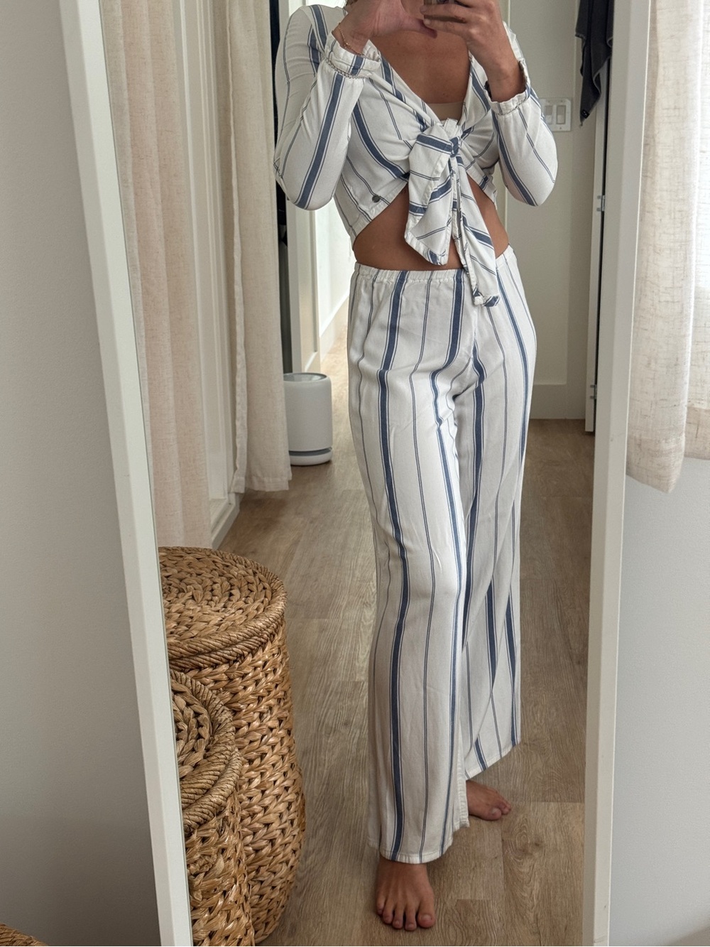 Roxy White Wide-Leg Pants with Navy Stripes